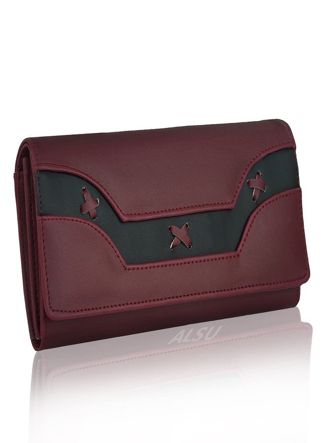ALSU Women's Wallet | Ladies Purse Clutch | Phone Pocket | 6 Card Slots | Faux Leater material-jln011 (Maroon) - Image 1